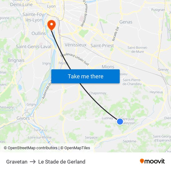 Gravetan to Le Stade de Gerland map