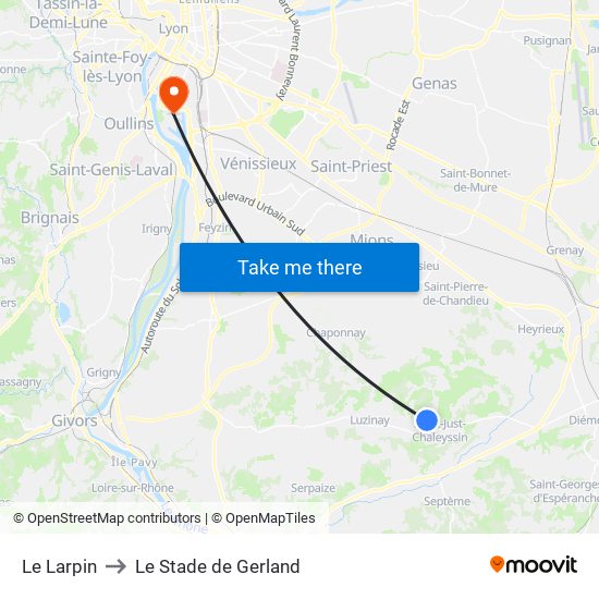Le Larpin to Le Stade de Gerland map