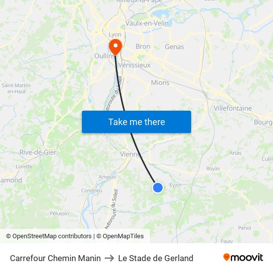 Carrefour Chemin Manin to Le Stade de Gerland map