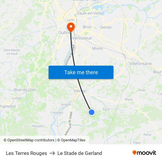 Les Terres Rouges to Le Stade de Gerland map