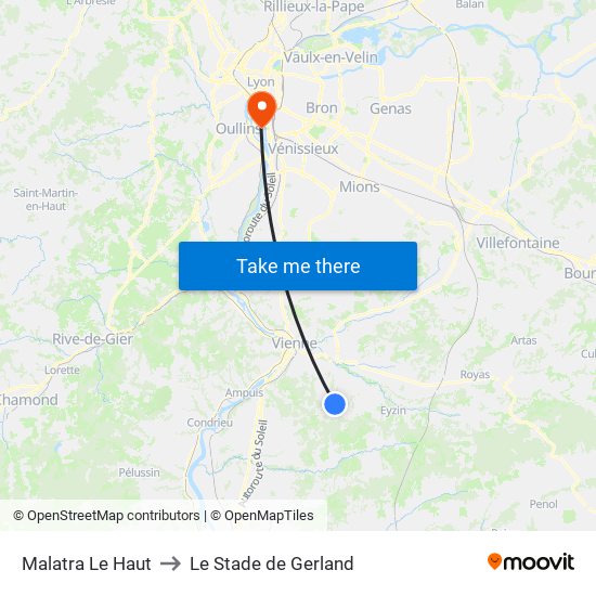 Malatra Le Haut to Le Stade de Gerland map