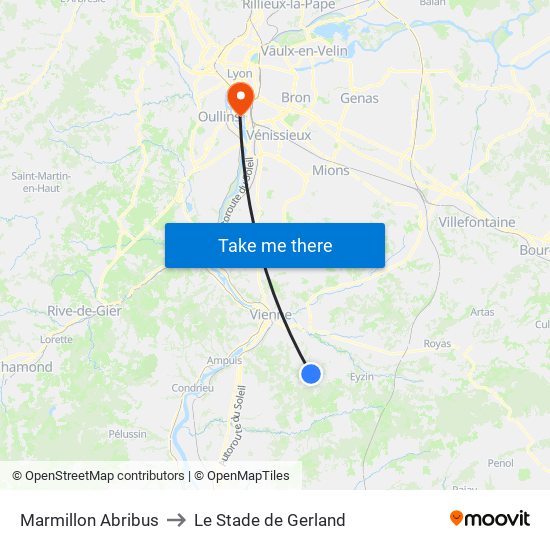 Marmillon Abribus to Le Stade de Gerland map