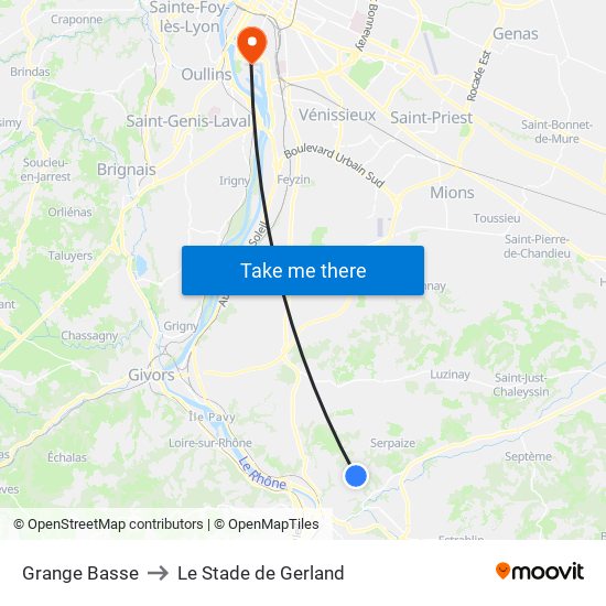 Grange Basse to Le Stade de Gerland map