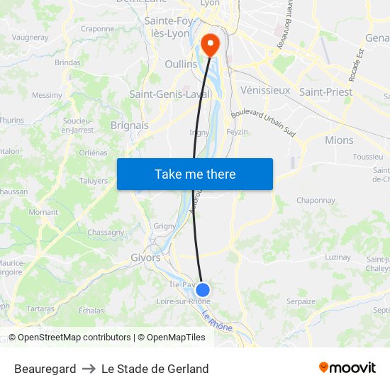Beauregard to Le Stade de Gerland map