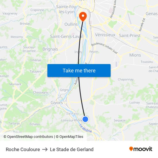 Roche Couloure to Le Stade de Gerland map