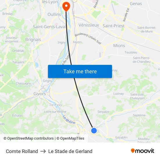 Comte Rolland to Le Stade de Gerland map