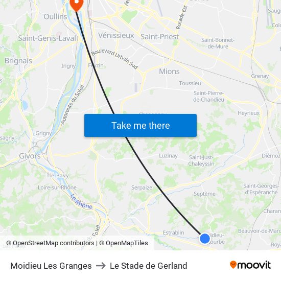 Moidieu Les Granges to Le Stade de Gerland map