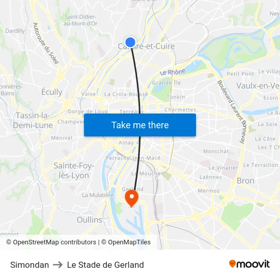 Simondan to Le Stade de Gerland map