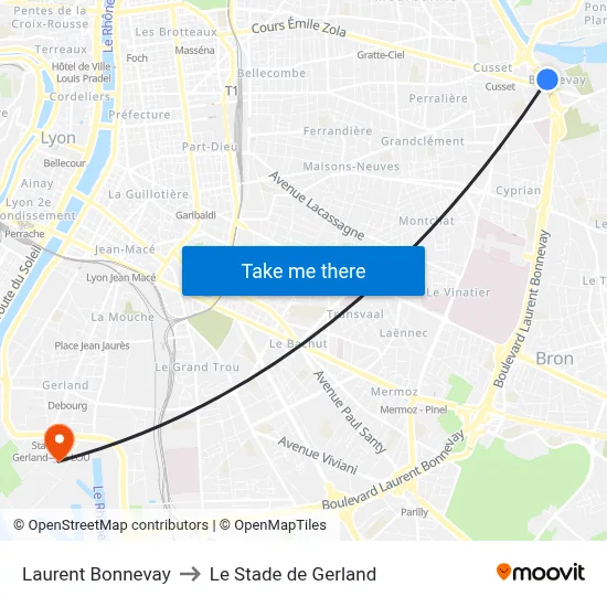 Laurent Bonnevay to Le Stade de Gerland map