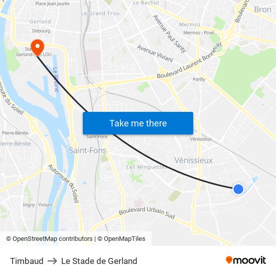 Timbaud to Le Stade de Gerland map