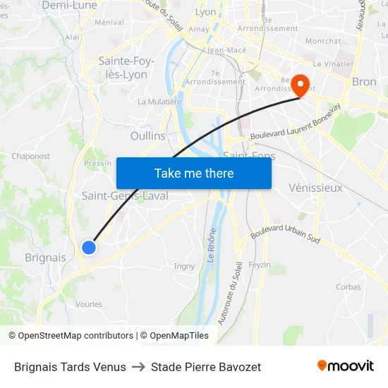 Brignais Tards Venus to Stade Pierre Bavozet map