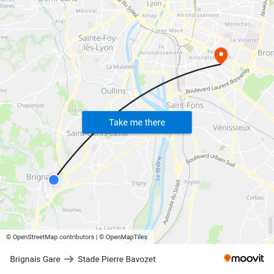 Brignais Gare to Stade Pierre Bavozet map