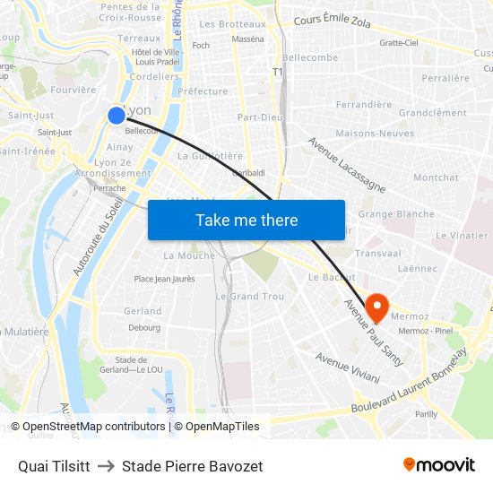 Quai Tilsitt to Stade Pierre Bavozet map