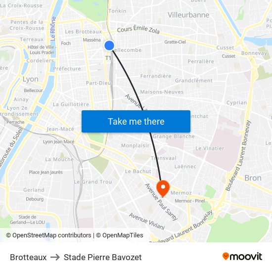 Brotteaux to Stade Pierre Bavozet map