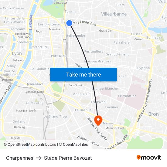 Charpennes to Stade Pierre Bavozet map