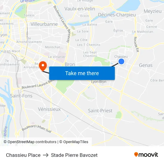 Chassieu Place to Stade Pierre Bavozet map