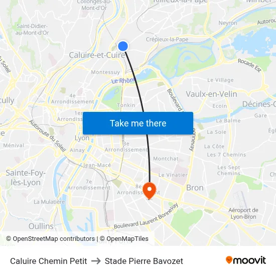 Caluire Chemin Petit to Stade Pierre Bavozet map