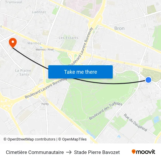 Cimetière Communautaire to Stade Pierre Bavozet map