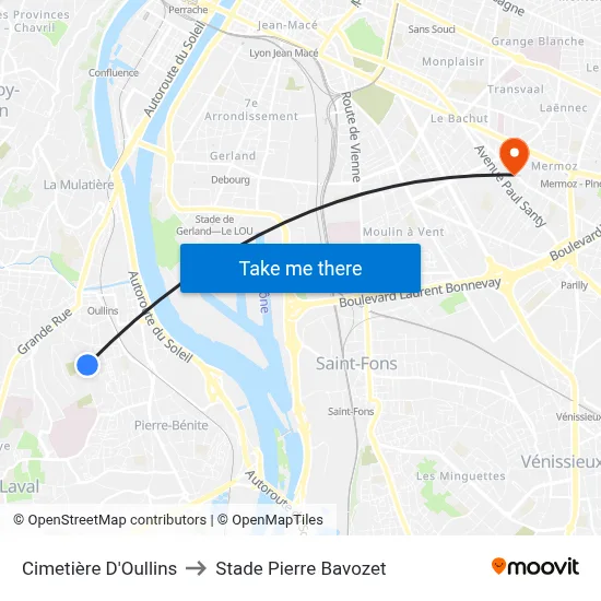 Cimetière D'Oullins to Stade Pierre Bavozet map