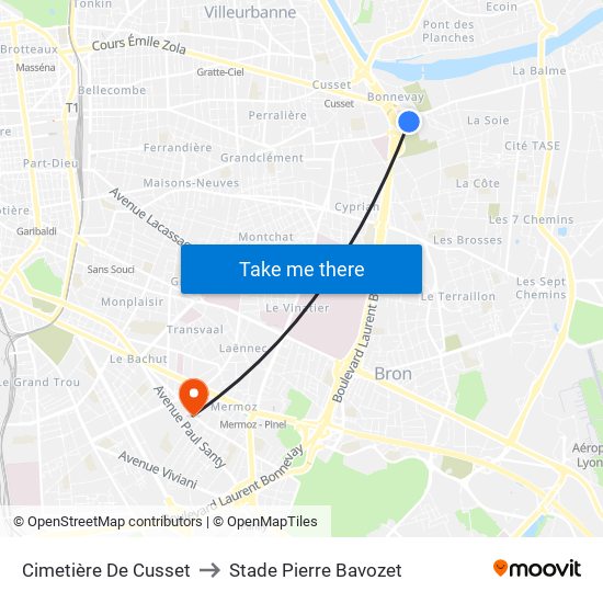 Cimetière De Cusset to Stade Pierre Bavozet map