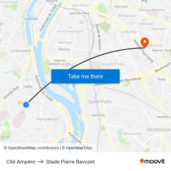 Cité Ampère to Stade Pierre Bavozet map