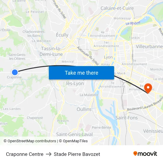 Craponne Centre to Stade Pierre Bavozet map