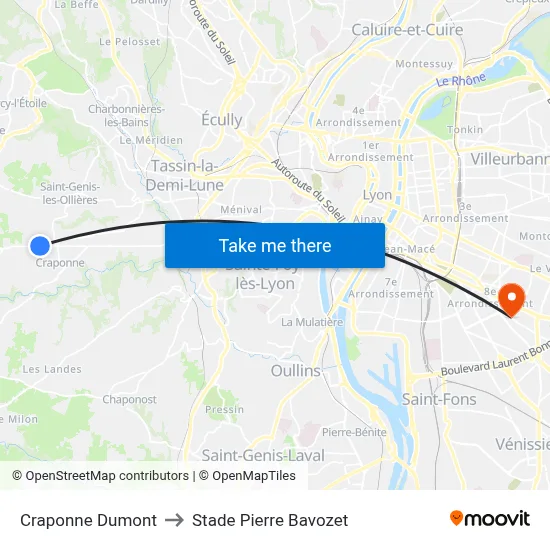 Craponne Dumont to Stade Pierre Bavozet map