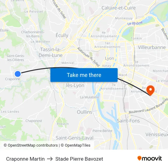 Craponne Martin to Stade Pierre Bavozet map