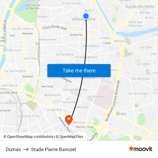 Dumas to Stade Pierre Bavozet map