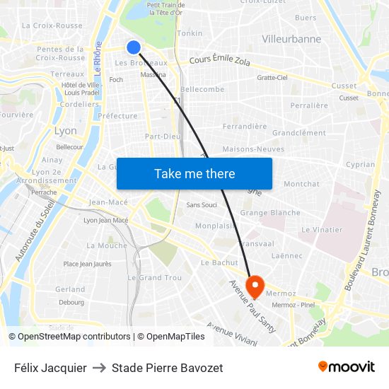 Félix Jacquier to Stade Pierre Bavozet map
