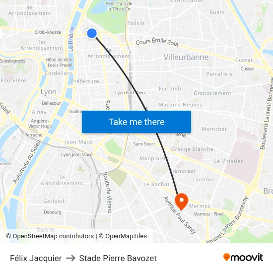 Félix Jacquier to Stade Pierre Bavozet map