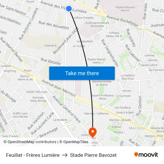 Feuillat - Frères Lumière to Stade Pierre Bavozet map