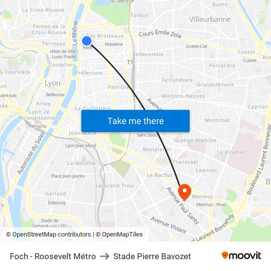 Foch - Roosevelt Métro to Stade Pierre Bavozet map