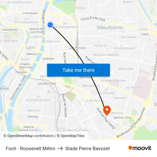 Foch - Roosevelt Métro to Stade Pierre Bavozet map