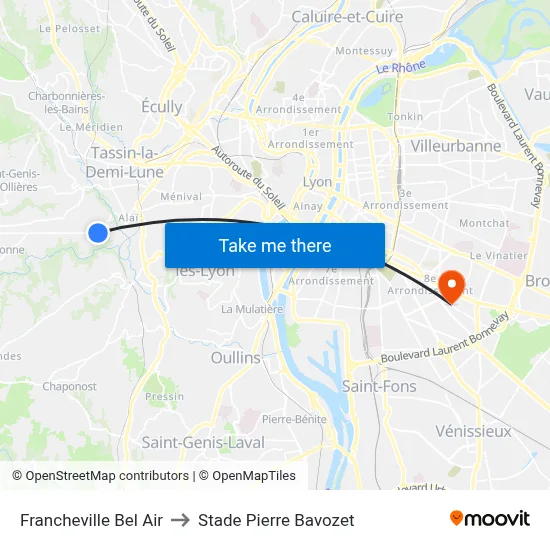 Francheville Bel Air to Stade Pierre Bavozet map