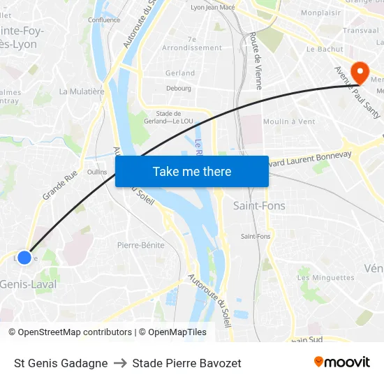 St Genis Gadagne to Stade Pierre Bavozet map