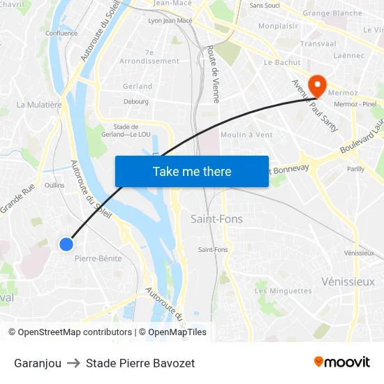 Garanjou to Stade Pierre Bavozet map