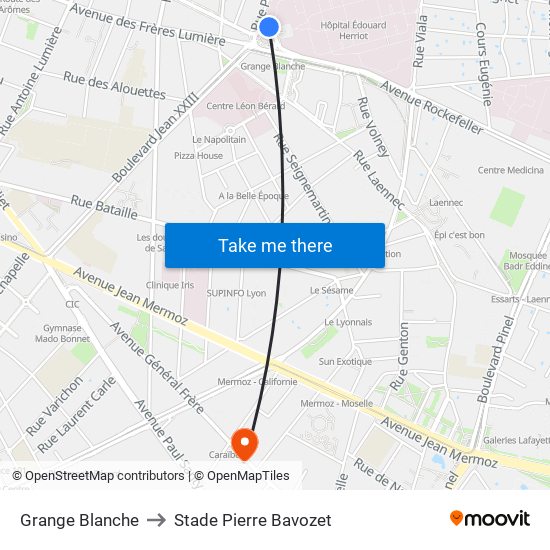 Grange Blanche to Stade Pierre Bavozet map