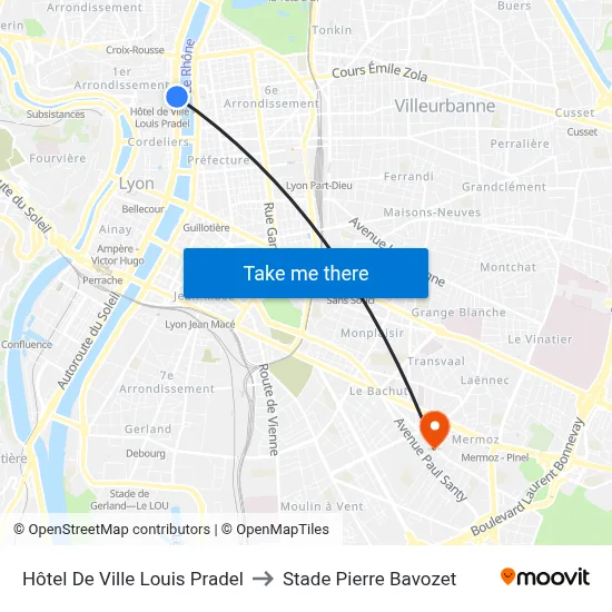 Hôtel De Ville Louis Pradel to Stade Pierre Bavozet map