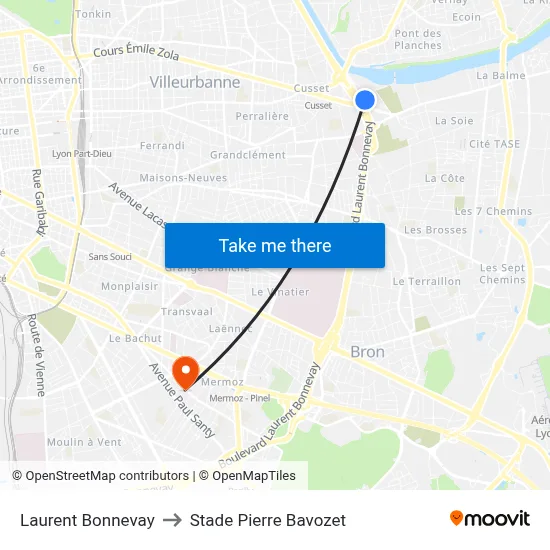 Laurent Bonnevay to Stade Pierre Bavozet map