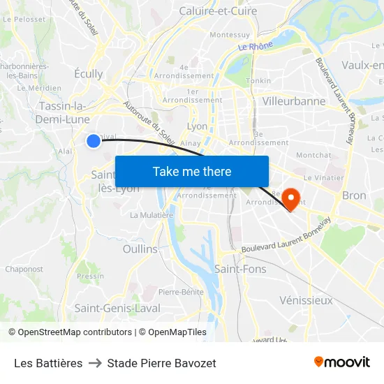 Les Battières to Stade Pierre Bavozet map