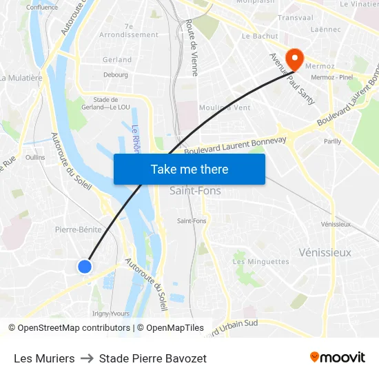 Les Muriers to Stade Pierre Bavozet map