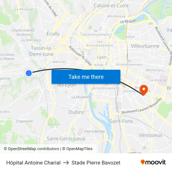 Hôpital Antoine Charial to Stade Pierre Bavozet map
