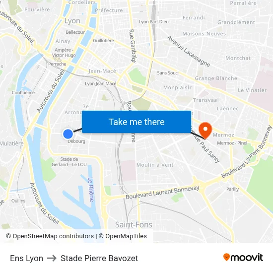 Ens Lyon to Stade Pierre Bavozet map