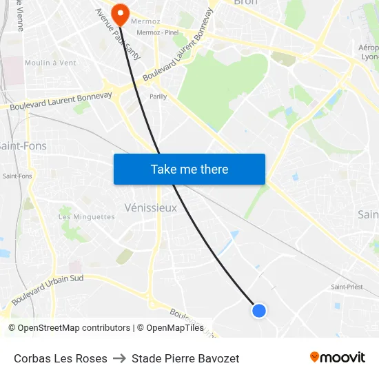 Corbas Les Roses to Stade Pierre Bavozet map