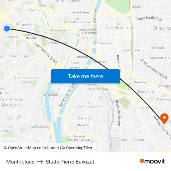 Montribloud to Stade Pierre Bavozet map
