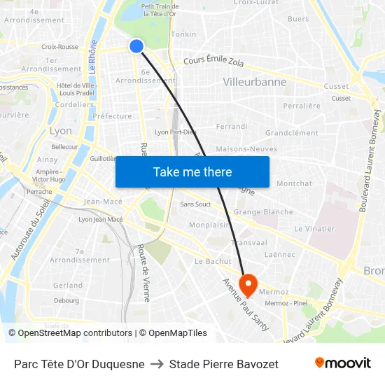 Parc Tête D'Or Duquesne to Stade Pierre Bavozet map