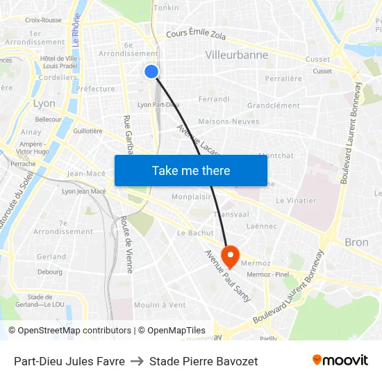 Part-Dieu Jules Favre to Stade Pierre Bavozet map