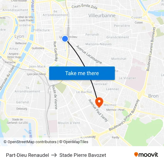 Part-Dieu Renaudel to Stade Pierre Bavozet map