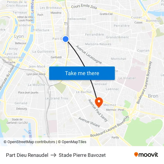 Part-Dieu Renaudel to Stade Pierre Bavozet map